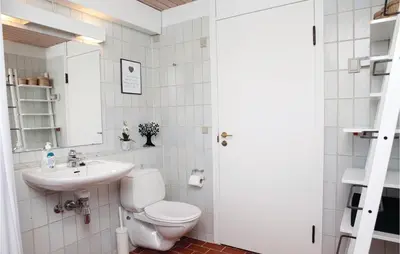 a white bathroom with a toilet and a sink at Holiday Home Pandrup With Fireplace Ii in Pandrup