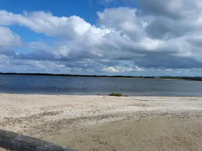 a sandy beach with a large body of water at 7 person holiday home in Løgstør-By Traum in Trend