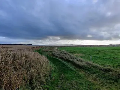 a field with a dirt road in the middle at 6 person holiday home in Lemvig-By Traum in Ferring