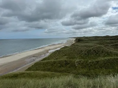 an aerial view of a beach and the ocean at 6 person holiday home in Thisted-By Traum in Sønder Vorupør