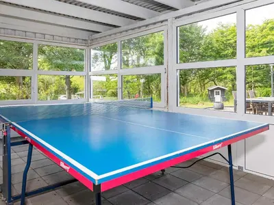 a ping pong table in a room with windows at 19 person holiday home in Løgstør-By Traum in Trend
