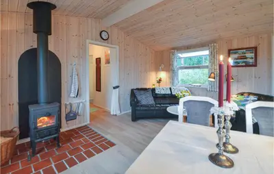 a living room with a wood stove in a room at Two-Bedroom Holiday Home In Thisted in Thisted