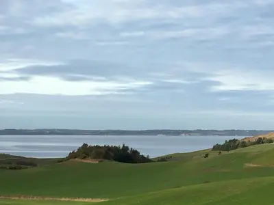 a green field with a lake in the background at Heltoften Bed & Breakfast in Nykøbing Mors