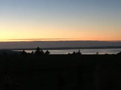 a sunset over the water with trees in a field at Heltoften Bed & Breakfast in Nykøbing Mors