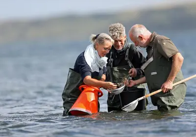 a group of three people standing in the water at Thyborøn Cottages in Thyborøn