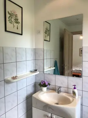a bathroom with a sink and a mirror at Tranum Lys og Glas in Brovst