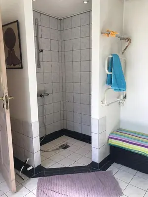 a bathroom with a shower with a purple rug at Tranum Lys og Glas in Brovst