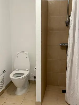 a bathroom with a toilet and a shower at Guesthouse Hune in Blokhus