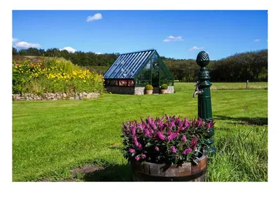 a garden with a greenhouse and flowers in a field at Holmsminde in Viborg