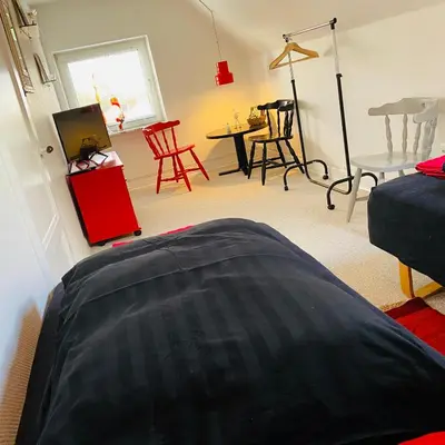 a living room with a bed and a table and chairs at Apartment med udsigt over Nordmors in Sejerslev