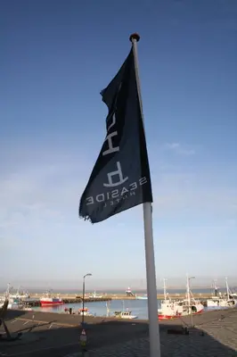 a black flag on a pole on a beach at Seaside Hotel Thyborøn in Thyborøn
