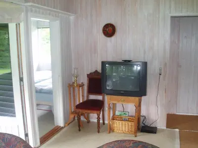 a living room with a tv and a chair at Summer cottage in Nøreng