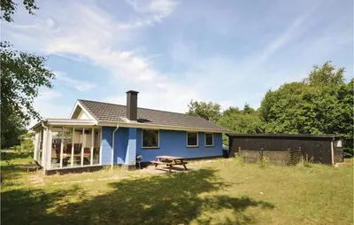 a blue house with a picnic table in a yard at Three-Bedroom Holiday Home In Hjerm in Hjerm