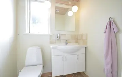 a bathroom with a toilet and a sink and a window at Three-Bedroom Holiday Home In Vinderup in Vinderup