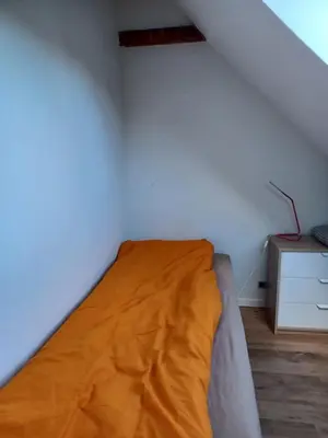 a bed with an orange blanket in a room at 