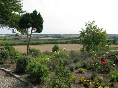 a garden with flowers and a field in the background at Motel Europa in Svenstrup