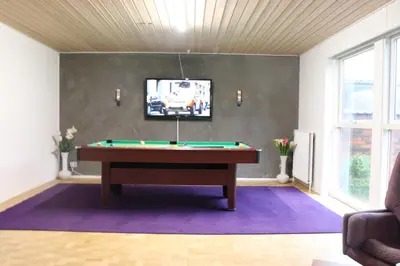 a living room with a pool table and a tv at Holstebro Townside House in Holstebro