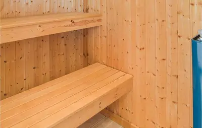 a wooden interior of a sauna with wooden shelves at Three-Bedroom Holiday Home In Harboore in Harboør