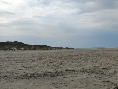 an empty beach with a kite flying in the sky at Secluded Beach Retreat in Rodhus-By Traum in Pandrup