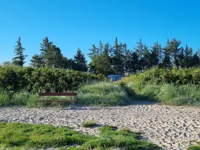 a bench sitting on the sand near a field at 6 person holiday home in Farsø-By Traum in Farsø