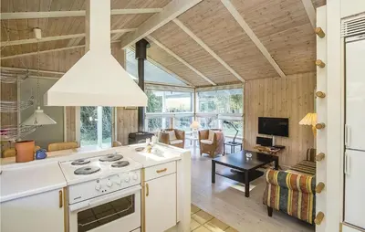 a kitchen with a stove and a living room at Beautiful Home In Blokhus With Wifi in Blokhus