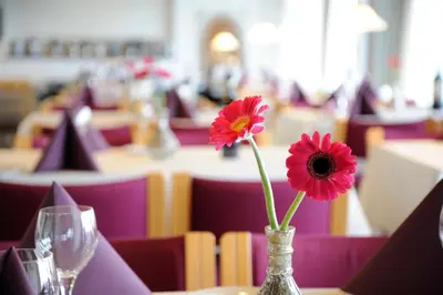 a vase with two red flowers in it on a table at Danhostel Nykøbing Mors in Nykøbing Mors