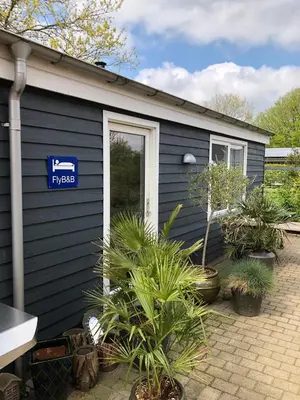 a blue house with plants in front of it at Fly B&B in Skive