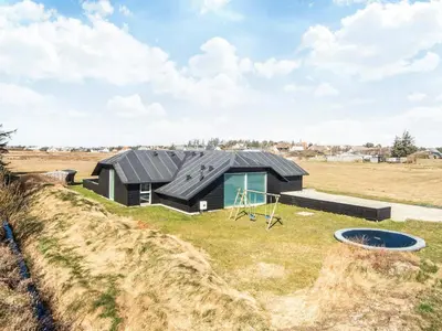 a black house with a green door on a field at Luxury Retreat in Vorupor - By Traum Ferienwohnungen in Snedsted