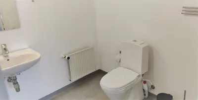 a bathroom with a white toilet and a sink at Feriehus Thy - I hjertet af Thy in Thisted