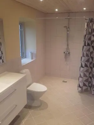a bathroom with a toilet and a shower at Lindholt in Fjerritslev