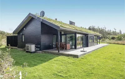 a small black house with a grass roof at Beautiful Home In Blokhus With Kitchen in Blokhus