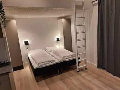 a bedroom with a bunk bed and a ladder at Glyngøre Camping in Glyngøre