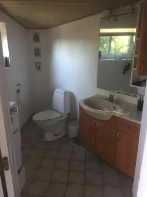 a bathroom with a toilet and a sink and a mirror at Holiday Home centrum Lemvig in Lemvig