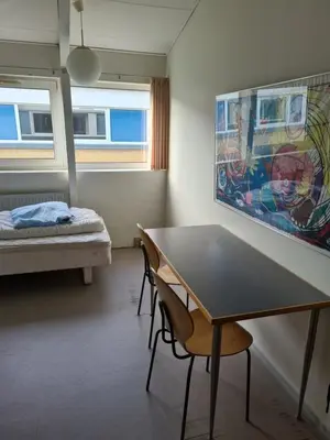 a room with a table and a bed and a window at Stoholm Vandrehjem in Stoholm