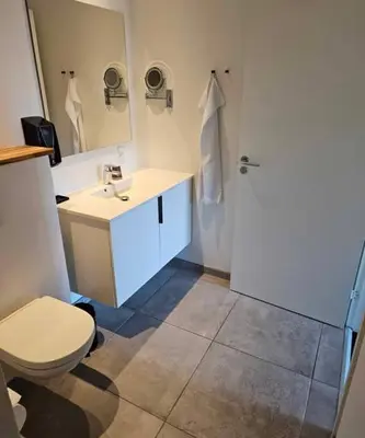 a bathroom with a toilet and a sink and a mirror at Hotel Phønix in Holstebro