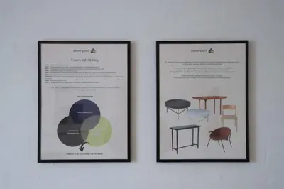 two framed pictures of chairs and tables on a wall at Roslev Hus in Roslev