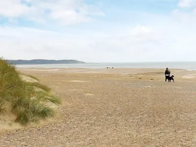 a person walking a dog on the beach at Cozy Cottage in Skaven Strand-By Traum in Brovst