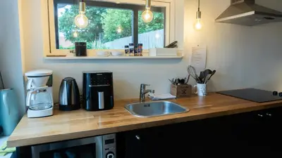 a kitchen counter with a sink and a microwave at Hilmor's Lejligheder in Viborg