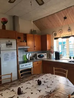 a kitchen with a table with leaves on it at KristiansBorg in Nykøbing Mors