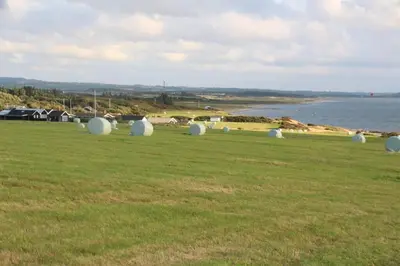 a group of white domes in a field next to the water at Beautiful and amazing view - 3 bedroom cottage in Vinderup