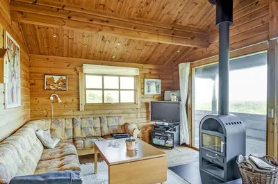 a living room with a couch and a stove at Cozy house with stunning sea views in Pandrup