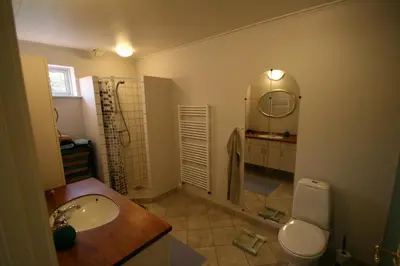 a bathroom with a sink and a toilet and a mirror at Hellerup Bed & Breakfast in Løgstrup