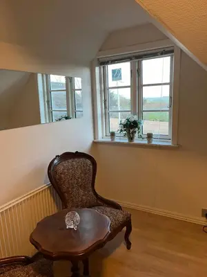 a chair and a table in a room with a window at Kallerup Hgård in Thisted