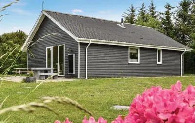 a black house with a yard with pink flowers at Beautiful Home In Vemb With Wifi in Vemb