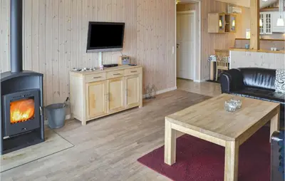 a living room with a wood stove and a couch at Frk Lyng in Harboør