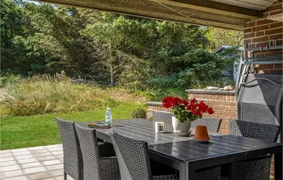 a black table with chairs and flowers on a patio at Holiday Home Clemmessti in Thisted