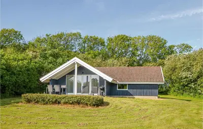 a blue house with a dog standing in front of it at Holiday Home Gunhildsvej Vestervig in Vestervig
