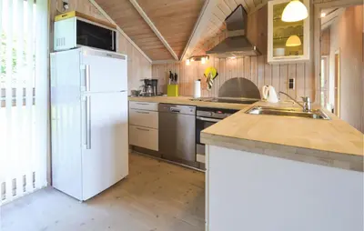a kitchen with a white refrigerator and a sink at Holiday Home Gunhildsvej Vestervig in Vestervig