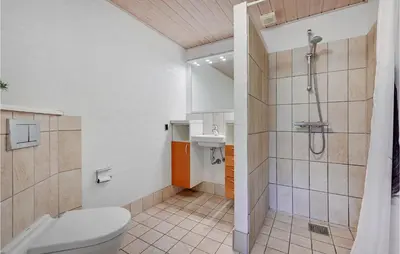 a bathroom with a toilet and a shower at Stunning Home In Spøttrup With Sauna in Spottrup