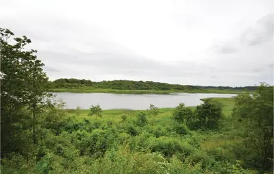 a lake in the middle of a field with trees at Apartment Lysenvej in Roslev